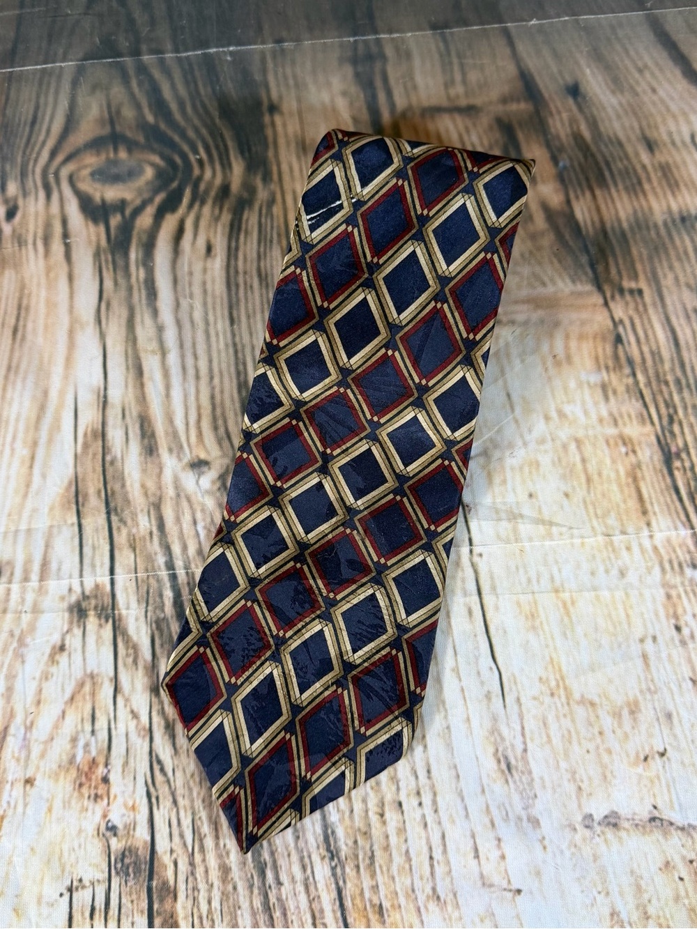 Briar Silk Necktie Navy Gold Burgundy Diamond Geometric Made in USA 90s Vintage